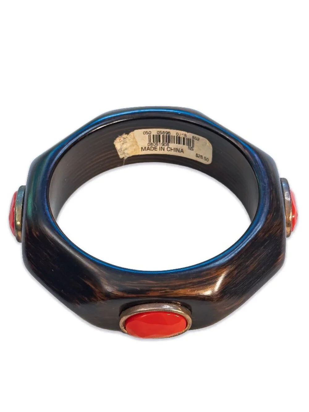 Lucite Faux Wood Bangle Fashion Bracelet with Red Cabochon Inlays